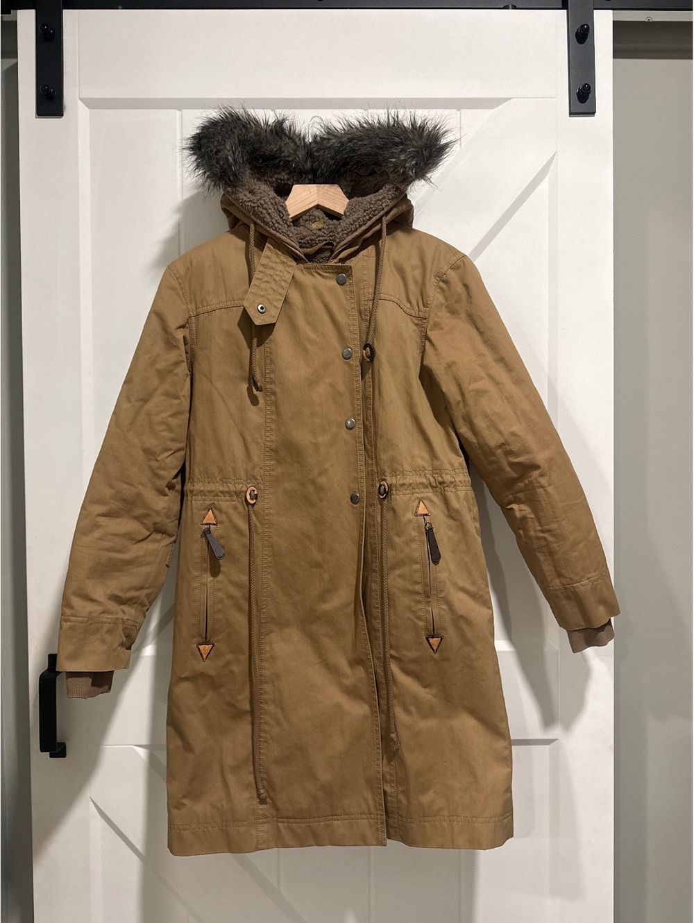 Poetry Women's Tan Parka Coat with Removable Faux Fur Hood and Sherpa Lining,
